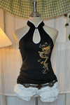 Siyah Dragon Embroidered Keyhole Harajuku Asian Y2K Askılı Crop