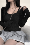 Siyah Ek Askılı Madonna Yaka Grunge Y2K Uzun Kollu Crop