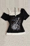 Siyah Gotik Guitar Madonna Yaka Ek Askılı Y2K Kısa Kollu Full Body Crop