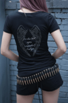 Siyah Gotik Sırt Baskılı Wing Geniş Yaka Y2K Kısa Kollu Crop