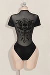 Siyah Gotik Skull Butterfly Wings Transparan Kısa Kollu Çıtçıtlı Body