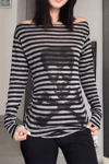 Siyah Gri Çizgili Skull Y2K Uzun Kollu Crop