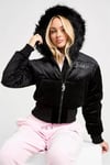 Siyah Juicy Peluş Kapüşonlu Şişme Beli Lastikli Crop Mont
