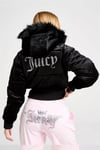 Siyah Juicy Peluş Kapüşonlu Şişme Beli Lastikli Crop Mont