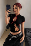 Siyah Mandarin Yaka Ejderha Motifli Vintage Qipao Y2K Kısa Kollu Crop