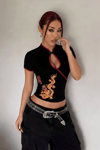Siyah Mandarin Yaka Ejderha Motifli Vintage Qipao Y2K Kısa Kollu Crop