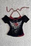 Siyah Rose Red Heart Ek Askılı Gotik Y2K Kısa Kollu Crop