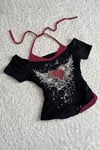 Siyah Rose Red Heart Ek Askılı Gotik Y2K Kısa Kollu Crop
