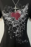 Siyah Rose Red Heart Gotik Y2K Kısa Kollu Crop