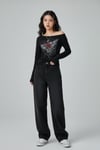 Siyah Rose Red Heart Gotik Y2K Uzun Kollu Crop