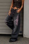 Siyah Sakura Taşlamalı Y2K Unisex Baggy Pantolon