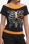 Siyah Skeleton Pumpkin Ekli Gotik Halloween Y2K Kısa Kollu Crop