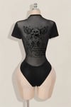 Siyah Skull Ambition Gotik Rose Transparan Kısa Kollu Çıtçıtlı Body