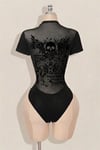 Siyah Skull Ambition Gotik Transparan Kısa Kollu Çıtçıtlı Body