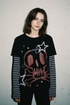 Siyah Skull Stars Çizgili Kollu Y2K Unisex Uzun Kollu T-Shirt