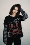 Siyah Skull Stars Çizgili Kollu Y2K Unisex Uzun Kollu T-Shirt