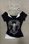 Siyah Sword Warriror Angel Madonna Yaka Ek Askılı Full Body Gotik Y2K Kısa Kollu Crop