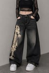 Siyah Taşlamalı Fish Skeleton Gotik Y2K Unisex Baggy Pantolon
