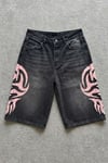 Siyah Taşlamalı Pembe Tribal Baskılı Y2K Unisex Baggy Şort