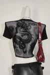 Siyah Transparan Dragon Y2K Kısa Kollu Crop