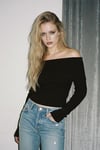Yeni Siyah Şeritli Madonna Yaka Omuz Dekolteli Y2K Triko Uzun Kollu Crop