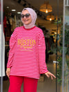 5659 ÇİZGİLİ SWEAT KIRMIZI PEMBE