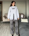 Kadın 3 İplik Şardonlu Kalın Polarlı Sweatshirt Leopar Nakışlı Fermuar Tasarımlı Oversize Sweatshirt