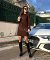 Kadın Acı Kahve Amora Kalın Triko Kumaş Yün Karışımlı Gold Kalp Düğmeli Hırka Mini Etek İkili Takım