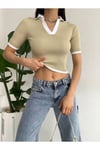 Kadın Bej Yakası Renkli Polo Yaka Fitilli Kısa Kollu Triko Crop Bluz