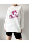 Kadın Beyaz Barbie Baskılı Kalın 3 İplik Şardonlu Polarlı Oversize Sweatshirt Tunik %100 Pamuk
