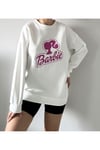 Kadın Beyaz Barbie Baskılı Kalın 3 İplik Şardonlu Polarlı Oversize Sweatshirt Tunik %100 Pamuk