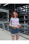 Kadın Beyaz Barbie Baskılı Los Angeles Kısa Kollu Slim Fit Crop Tshirt