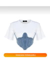 Kadın Beyaz Çizgili Korse Detaylı Denim T-shirt Vatkalı Kot Detaylı Kısa Kollu Jean Tişört