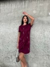 Kadın Bordo Kısa Kollu Oys Premium Pamuklu Modal Kumaş Taş İşlemeli Kısa Mini Yazlık Rahat Elbise