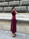 Kadın Bordo Kısa Kollu Oys Premium Pamuklu Kumaş Yandan Kuşak Bağlamalı Uzun Maxi Bilek Boy Elbise