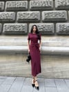 Kadın Bordo Kısa Kollu Oys Premium Pamuklu Kumaş Yandan Kuşak Bağlamalı Uzun Maxi Bilek Boy Elbise