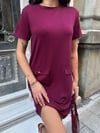 Kadın Bordo Kısa Kollu Oys Premium Pamuklu Modal Kumaş Süs Cepli Kısa Mini Yazlık Rahat Elbise