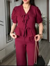 Kadın Bordo Ön Bağlamalı Bluz ve Pantolon İkili Takım %100 Pamuk Müslin Alt Üst Takım