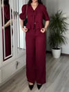 Kadın Bordo Ön Bağlamalı Bluz ve Pantolon İkili Takım %100 Pamuk Müslin Alt Üst Takım