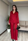 Kadın Kırmızı Aurelia Floş Jakar Saten Gömlek Pantolon İkili Takım Leopar Desenli Alt Üst Takım