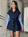 Kadın Lacivert Gümüş Zımba Detaylı Bel Kuşaklı Premium Jean Denim Tasarım Kot Yelek 