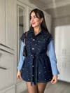Kadın Lacivert Gümüş Zımba Detaylı Bel Kuşaklı Premium Jean Denim Tasarım Kot Yelek 