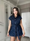 Kadın Lacivert Gümüş Zımba Detaylı Bel Kuşaklı Premium Jean Denim Tasarım Kot Yelek 