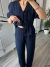 Kadın Lacivert Ön Bağlamalı Bluz ve Pantolon İkili Takım %100 Pamuk Müslin Alt Üst Takım
