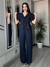 Kadın Lacivert Ön Bağlamalı Bluz ve Pantolon İkili Takım %100 Pamuk Müslin Alt Üst Takım