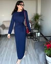 Kadın Lacivert Oys Premium Pamuklu Kumaş Yandan Kuşak Bağlamalı Uzun Maxi Bilek Boy Elbise