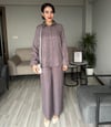 Kadın Mor Aurelia Floş Jakar Saten Gömlek Pantolon İkili Takım Leopar Desenli Alt Üst Takım