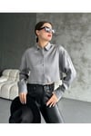 Kadın Parlak Simli Kısa Oversize Basic Parlak Saten Gömlek Yeni Sezon Crop Saten Gömlek