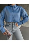 Kadın Parlak Simli Kısa Oversize Basic Parlak Saten Gömlek Yeni Sezon Crop Saten Gömlek