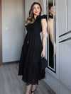 Kadın Siyah Fisto %100 Pamuk Yazlık Nakışlı Fırfır Detaylı Düğmeli Beli Kuşaklı Astarlı Uzun Elbise